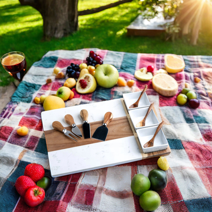 Factory Marble Acacia Wooden Charcuterie Cheese Board With 3 Ceramic Bowl Cheese Board Set Charcuterie Serving Platter · image 6
