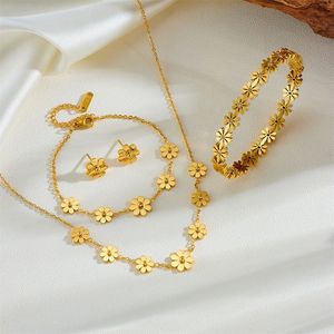 Fashion 18k Gold Plated Stainless Steel Jewelry <strong>Set</strong> Women 5 Pcs Flower Jewelry <strong>Set</strong> Necklace <strong>Bangle</strong> Bracelet Stud Earrings Anklet - Product Image 1