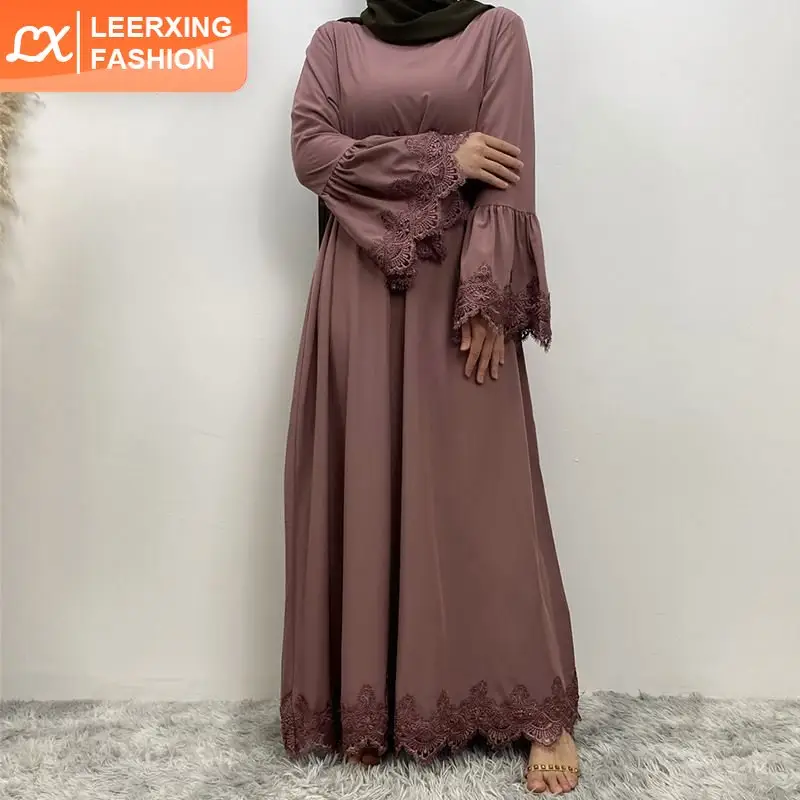 16001# Modest a-line fashion dresses with purple floral lace and closed abaya design in 2 colors for Eid