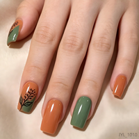 Vente en gros de faux ongles personnalisés à marque privée, lot de 24 pièces, couleur vert terreux et marron, forme carrée, réutilisables, qualité salon