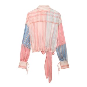 Camicia da <span class=keywords><strong>donna</strong></span> personalizzata 2026 in <span class=keywords><strong>cotone</strong></span> a blocchi di colore con scollo a cravatta e righe trasparenti, camicetta con bottoni a contrasto, OEM/ODM da fabbrica cinese - Product Image 2