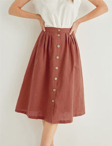 2025 Spring Ladies Custom Elegant a Line Ruffle Cotton Linen Swing <strong>Midi</strong> <strong>Skirts</strong> for <strong>Women</strong> - Product Image 2