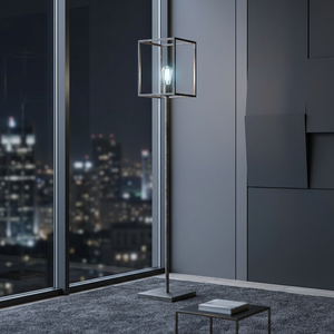 Lampe sur pied LED E27 avec cadre en métal noir industriel et abat-jour carré en verre pour salon, chambre à coucher, entrée - Product Image 3