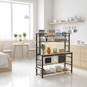 Étagère de rangement de cuisine noire avec support pour <span class=keywords><strong>four</strong></span> à <span class=keywords><strong>micro</strong></span>-ondes en bois <span class=keywords><strong>et</strong></span> crochets - Product Image 3