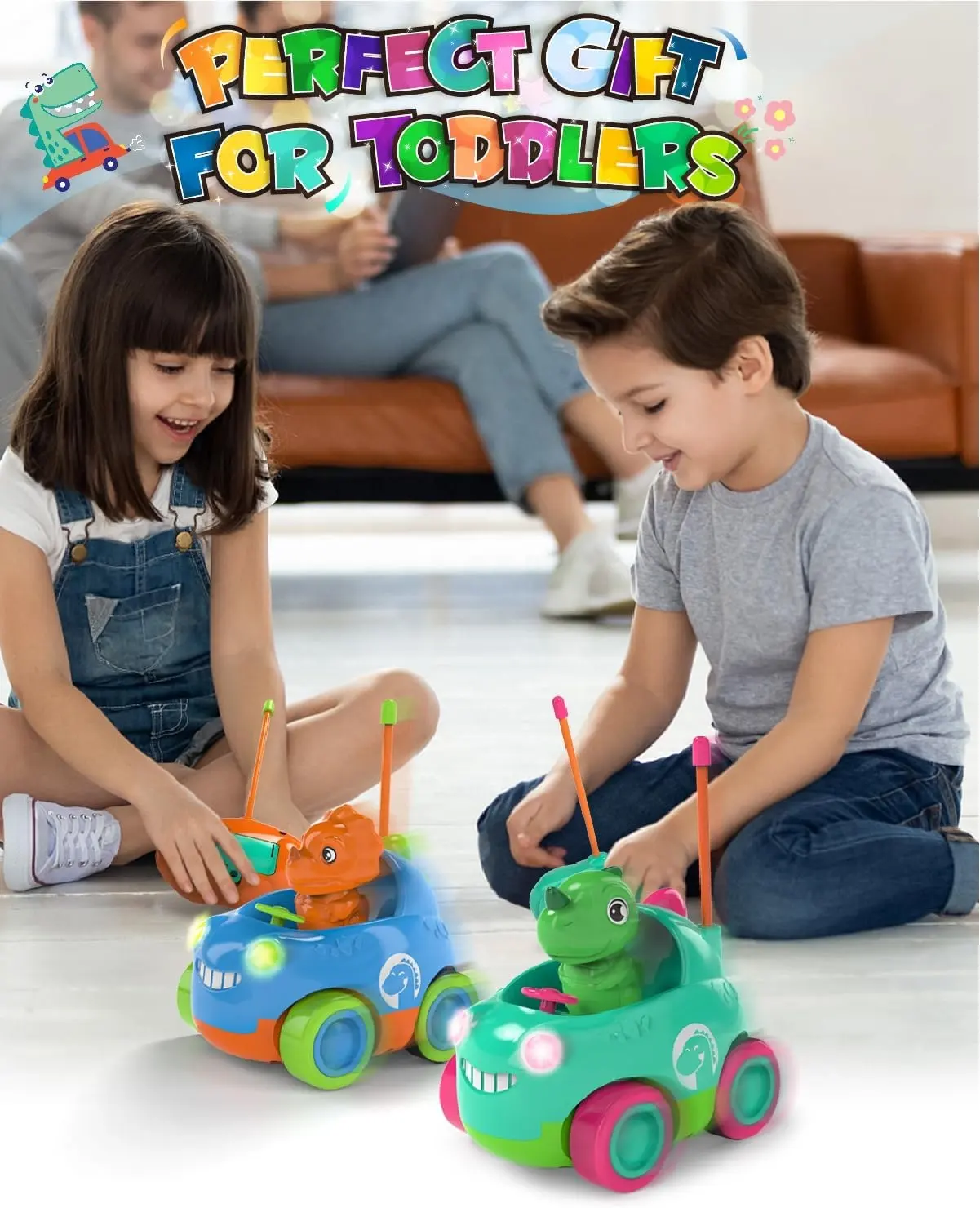 2 canali dinosauro telecomando auto per bambini, Dino elettrico cartone animato RC auto con luce e musica dinosauro giocattoli per bambini