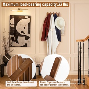 Perchero de pared de madera maciza, plegable, con doble gancho, color marrón, para entrada, con ganchos de almacenamiento para el hogar, apartamentos de alquiler. - Product Image 2