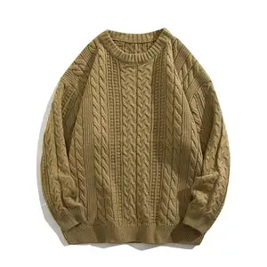 Sweater rajut pria, gaya kasual kabel Solid leher kru Pullover musim gugur dan musim dingin