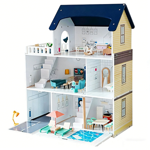 Villa miniature en bois pour poupées, modèle de <span class=keywords><strong>maison</strong></span> de poupée, vente en gros, pour enfants unisexes de 2 à 13 ans, <span class=keywords><strong>jouet</strong></span> DIY bleu - Product Image 1