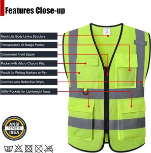 เสื้อกั๊กนิรภัย Hi VIS ของผู้ชายและผู้หญิงมีกระเป๋าสะท้อนแสงมองเห็นได้ชัดเจนซึ่งตรงตามมาตรฐาน ANSI/isea - Product Image 2