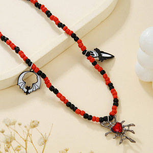 Gothic Beaded Necklace Red Black <b>Skeleton</b> Bat Spider Charm Halloween Party Jewelry Choker Chain - Product Image 4