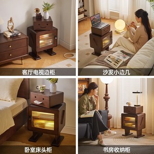 Table de chevet robotisée couleur noyer avec éclairage et rangement, meuble de chambre à coucher - Product Image 3