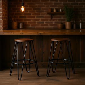 Tabourets de bar en métal DB Simeon de 26 pouces avec assise en bois, couleur marron cacao et noir, lot de 2, pour utilisation dans un bar de style farmhouse - Product Image 2