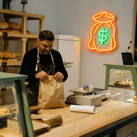 Letrero LED de Neón Personalizado al por Mayor con Diseño de Bolsa de Dinero en Contraste Naranja y Verde para Tienda, Cajero, Blogger Financiero, Luz Temática de Fortuna