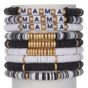 Polymer Clay Beaded <b>Bracelet</b> Set Black <b>White</b> Gold Mama Letter Elastic Stackable Women Gift Jewelry Spring 2025 - Product Image 1