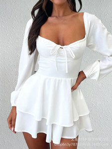 Sexy y elegante cuello en V espalda descubierta cintura ceñida Vestido de manga larga estilo de fiesta de club nocturno blanco encaje hasta Borde de volantes Falda corta - Product Image 4