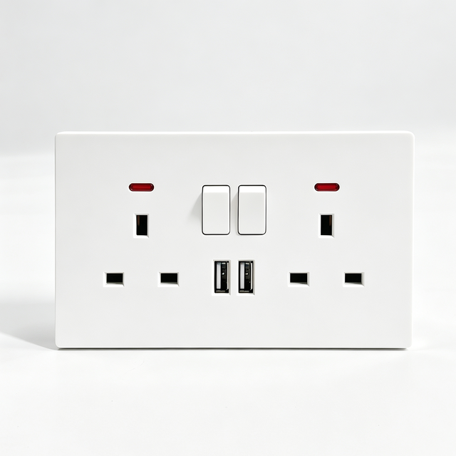 Flame Retardant Shell Steel Frame Phosphor Bronze Contact Red LED Indicator A6 Dual USB Double 13A UK Switched Wall Socket