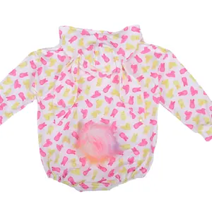 Wholesale cotton material Long Sleeve baby leo Easter rabbit printing ears and fur ball tail baby sweater romper