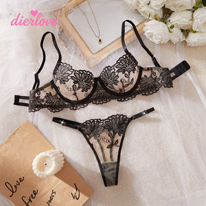 Ensemble de lingerie sexy pour femmes Dierlove, noir, luxueux, avec broderie florale en strass satiné, dentelle respirante, soutien-gorge et culotte - Product Image 3