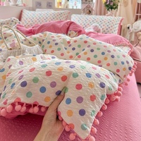 Parure de lit de luxe en coton doux double gaze 600TC avec pompons et imprimé pois de dessin animé, housse de couette, drap et taie d'oreiller