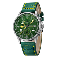 Montre Chronographe d'Aviation Tendance Homme, Bracelet en Cuir Vert, Aiguille Avion Lumineuse, Montre à Quartz avec Guichet de Date