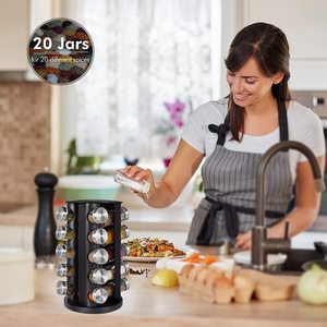 360 xoay nhà bếp màu đen kim loại <span class=keywords><strong>20</strong></span> Jar gia vị Carousel gia vị giá với lọ thủy tinh thiết lập và nhãn cho chai - Product Image 3