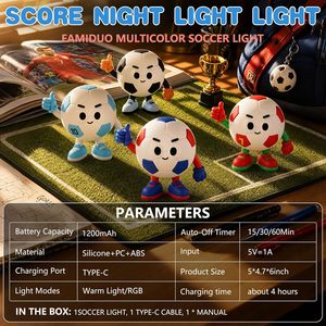 ไฟกลางคืนรูปลูกฟุตบอลแบบกำหนดเอง OEM ทำจากซิลิโคน RGB แสงวอร์ม ควบคุมด้วยการแตะ ใช้พลังงานจาก USB ขนาด 6.36D x 4.33W x 5.73H ตกแต่งห้องเด็ก - Product Image 6