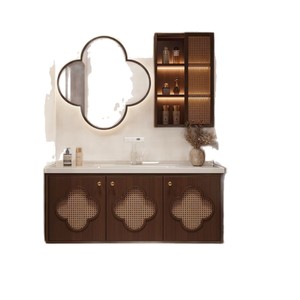 Gabinete de Baño con Espejo Estilo Vintage Dingyue, con Diseño de Trébol de Cuatro Hojas, en Madera de Nogal y Roble, con Lavabo de Cerámica y Luz - Product Image 5