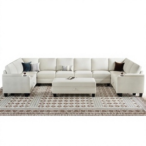 Canapé modulaire en forme de U surdimensionné F&J Home, ensemble de 10 places avec ottoman de rangement et porte-gobelets, en PU, design moderne, blanc, livraison gratuite - Product Image 1
