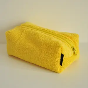 Custom Size Logo Yellow Terry Towel Cloth Wadding Zipper Cosmetic Organizer Makeup Make Up Toiletry Wash Skincare Bag