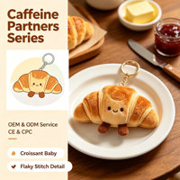 Porte-clés en peluche Croissant Ours, Adorable breloque animale en peluche sur le thème de la boulangerie, Personnalisable OEM pour cadeaux de café et de boulangerie