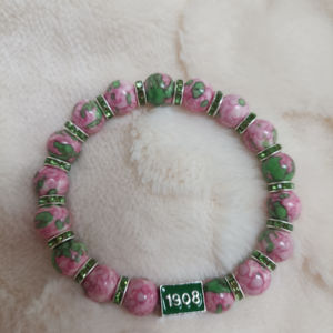 Charm Bracelet Pink Green Stretch Bead Bracelet AKA 1908 Pulsera Sorority - Product Image 1