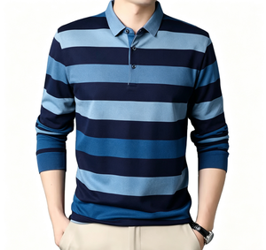Polo à manches longues rayé en tricot pour homme, décontracté, boutonné, rose, marine, gris - Product Image 2