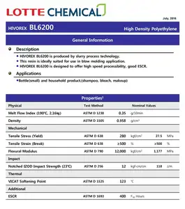 Blow molding penyuling HIVOREX HDPE BL6200 MFR 0.35 hdpe virgin granule cetakan tiup resin hdpe untuk botol