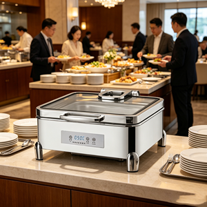 FLEY Réchaud de Buffet Électrique Hydraulique Premium 9L en Acier Inoxydable avec Couvercle en Verre Doré/Argenté pour Hôtels, Restaurants et Buffets - Product Image 1