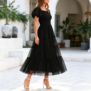 Vestido Midi <span class=keywords><strong>de</strong></span> Tul Fruncido para Mujer, Verano 2026, Manga Corta Abullonada, Cuello Cuadrado, con Volantes, para Invitadas <span class=keywords><strong>de</strong></span> <span class=keywords><strong>Boda</strong></span> y Fiestas - Product Image 1