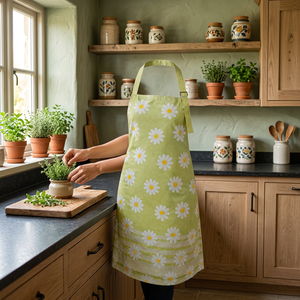 Tablier en mélange de coton et de lin de qualité supérieure, tablier à bretelles imprimé de marguerites vertes avec bordure décorative rayée, tablier de cuisine réglable - Product Image 3