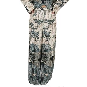 Pantalon pour femme Zahjr, beige, vert, imprimé floral, jambe large, taille haute, décontracté - Product Image 1