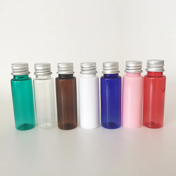 En gros en plastique PET 25ml rond contenants de bouteilles avec bouchons à vis en aluminium pour huile essentielle cosmétique, médecine liquide boisson
