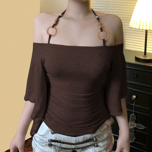 Women Vintage Beaded Halter Strap Off Shoulder T Shirt <b>Batwing</b> Sleeve Slim Fit Sexy Casual Streetwear <b>Top</b> - Product Image 2