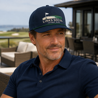 Gorra de golf de cuerda azul marino al por mayor con visera curva, insignia de Links, paquete para eventos de resort para compradores de hostelería con etiqueta personalizada