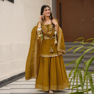 Traditional Women's Mustard Chiffon Salwar Kameez Set With Embroidered Dupatta Daily Wear Ethnic Outfit Spring Summer - Product Image 2