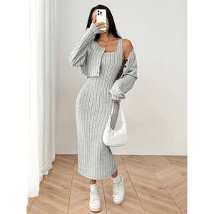Ribbed <b>Knit</b> Dress <b>Set</b> With Cropped Cardigan Khaki Asian S(44) Women's Sweater Outfit - Product Image 2