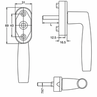 Poignée de fenêtre blanche à base ovale, levier courbé, axe carré blanc satiné, poignée de sécurité pour fenêtre à battant en PVC ou aluminium