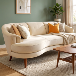 Modern Curved Scandinavian <b>Sofa</b> Set Luxury Cream Fabric Living Room Wood Legs Padded Arms Contemporary Furniture - Product Image 3