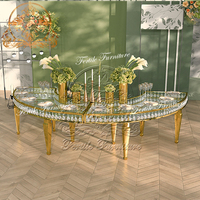 Tables de salle à manger modernes pour événements de mariage, design demi-lune, plateau en verre blanc miroir, structure en acier inoxydable doré