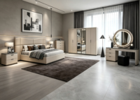 Cadre de lit de luxe aux tons neutres avec rangement, armoire à miroir coulissante, coiffeuse, tables de chevet, ensemble complet de meubles pour la maison