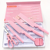 Ensemble cadeau de 6 couteaux en acier inoxydable de couleur rose, couteau à découper, couteau de cuisine, ciseaux de cuisine
