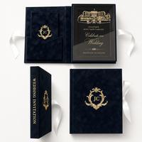 Boîtes d'invitation de mariage en velours avec monogramme et croquis de villa en feuille d'or personnalisée, carte RSVP, invitations de mariage élégantes et luxueuses