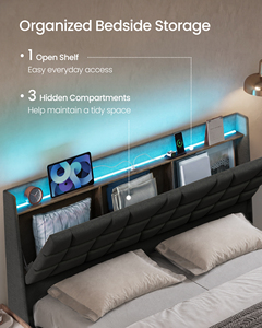 <span class=keywords><strong>VASAGLE</strong></span>, Cadre de lit rembourré double avec station de charge, Tête de lit capitonnée avec rangement, Cadre de lit flottant double avec éclairage LED - Product Image 3