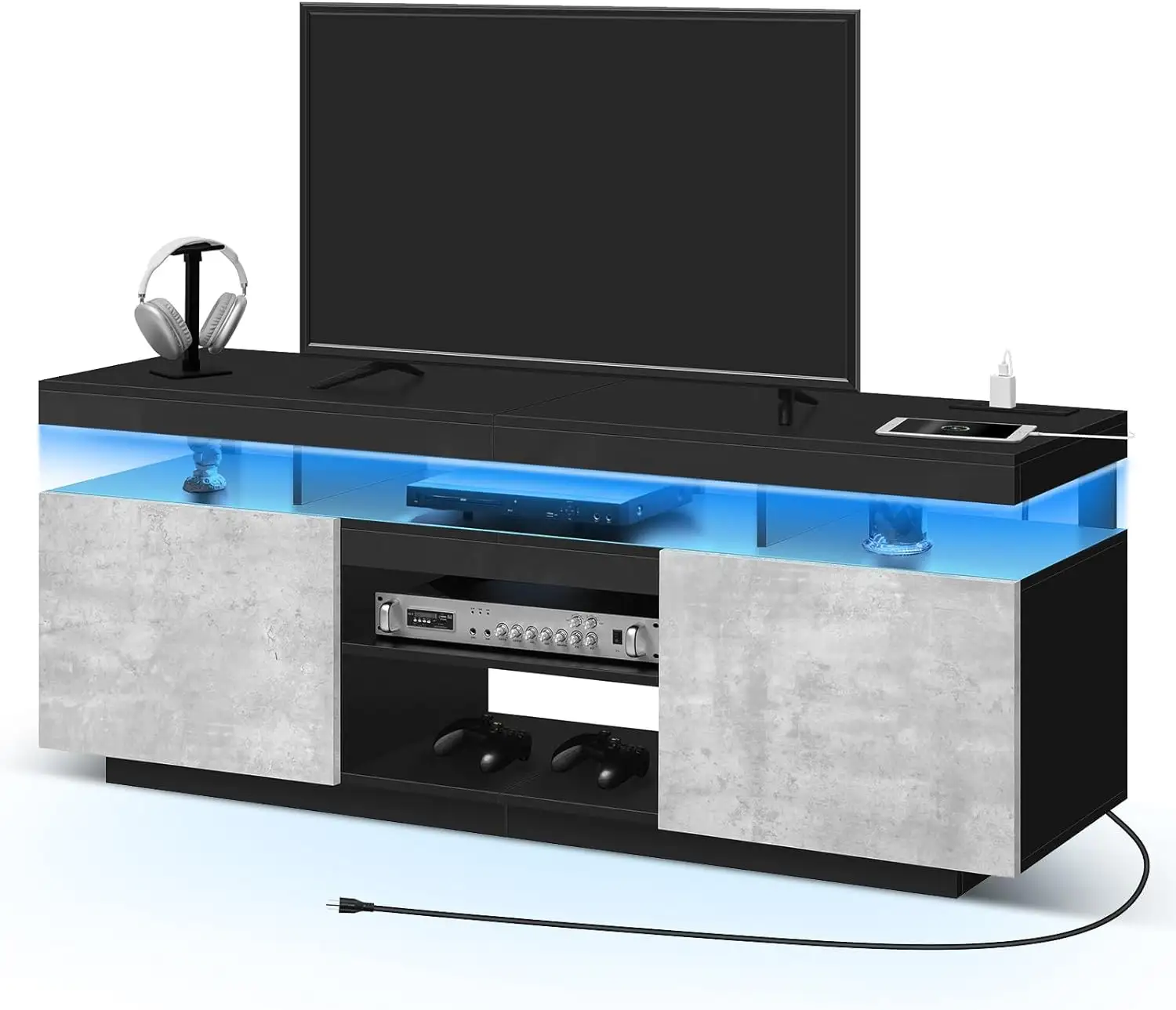Moderno centro di intrattenimento storage LED TV stand con prese di corrente per mobili soggiorno